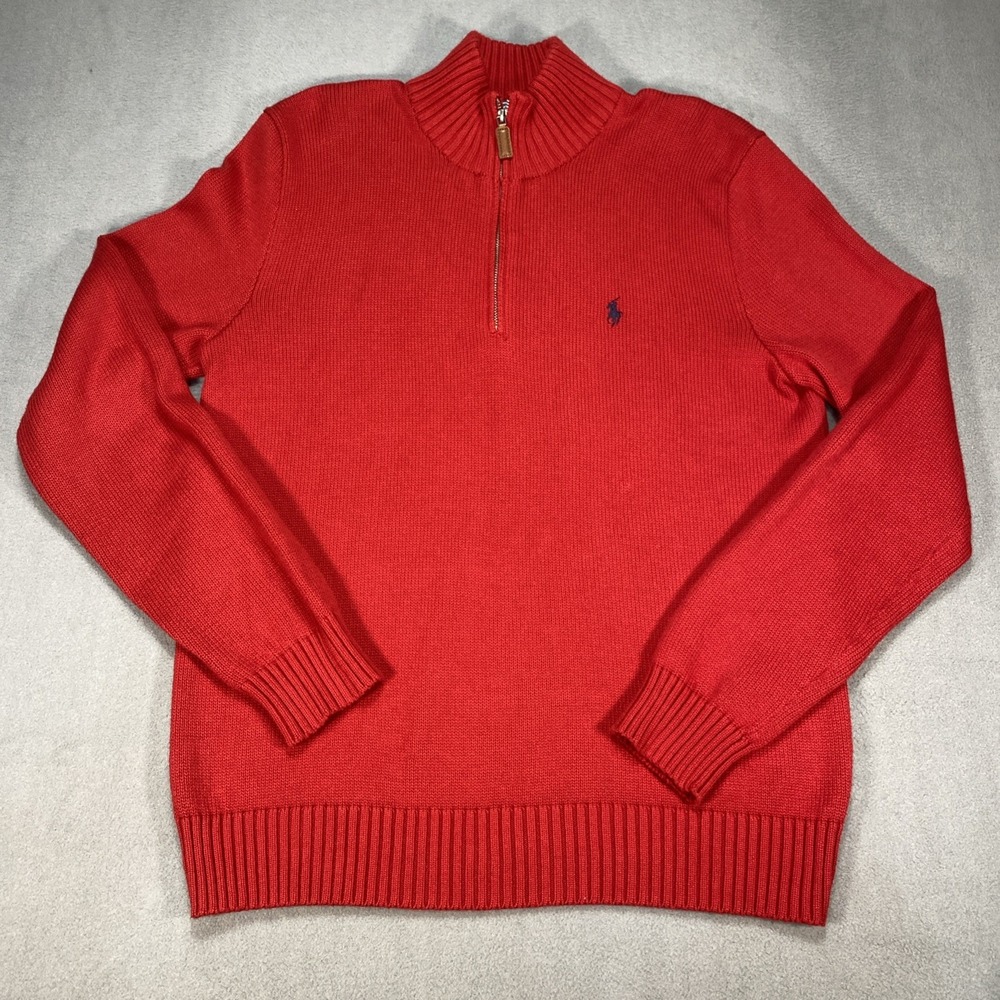 Polo Ralph Lauren Men's Medium Red Cotton Knit 1/4 Zip Mock Neck Sweater